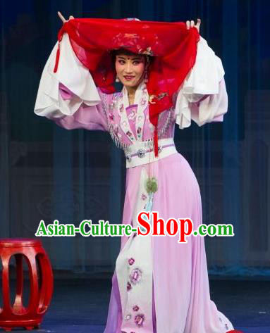 Chinese Shaoxing Opera Rich Female Yuan Yuli Lilac Dress Costumes and Headwear Tao Li Mei Yue Opera Huadan Female Role Garment Apparels