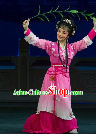 Chinese Shaoxing Opera Hua Tan Yuan Yumei Rosy Dress Garment and Headpiece Tao Li Mei Yue Opera Actress Apparels Young Female Costumes