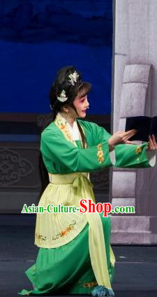 Chinese Shaoxing Opera Young Lady Green Dress Apparels and Headpieces Tao Li Mei Yue Opera Xiao Dan Garment Costumes