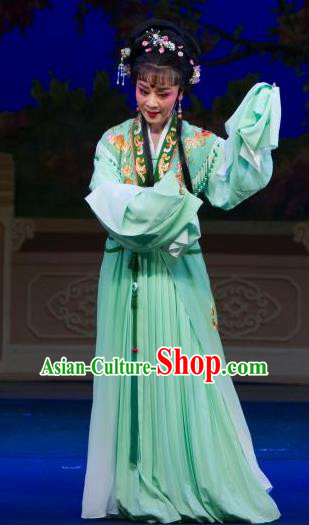 Chinese Shaoxing Opera Young Lady Green Dress Costumes Garment and Headpieces Tao Li Mei Yue Opera Huadan Yuan Yumei Female Apparels