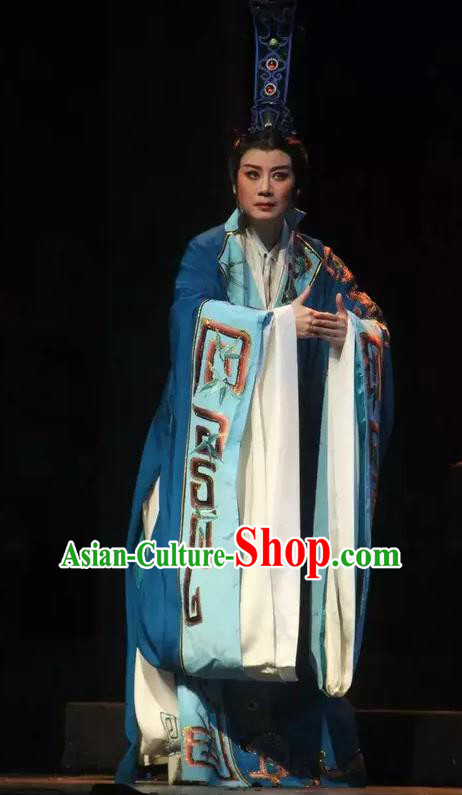 Chinese Yue Opera Official Blue Costumes Han Feizi Young Male Clothing and Headwear Shaoxing Opera Xiaosheng Han Fei Garment Apparels