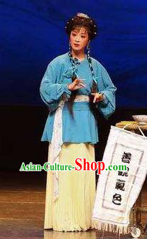 Chinese Shaoxing Opera Country Lady Wang Lanying Dress Garment and Hair Accessories He Wenxiu Yue Opera Hua Tan Costumes Young Female Apparels