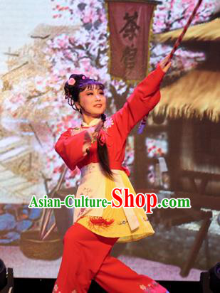 Chinese Shaoxing Opera Country Girl Wang Lanying Dress Garment and Hair Accessories He Wenxiu Yue Opera Hua Tan Young Lady Apparels Costumes