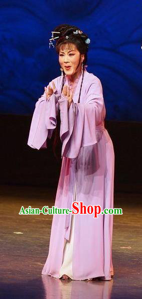 Chinese Shaoxing Opera Hua Tan Young Female Wang Lanying Purple Dress Costumes and Headpieces He Wenxiu Yue Opera Actress Garment Apparels