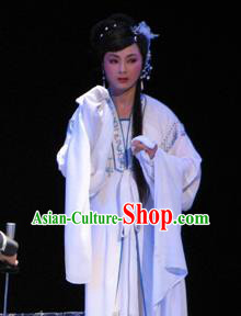 Chinese Shaoxing Opera Young Female Pan Jinlian White Dress Apparels Garment and HeadPieces Wu Song Revenge Yue Opera Hua Tan Costumes