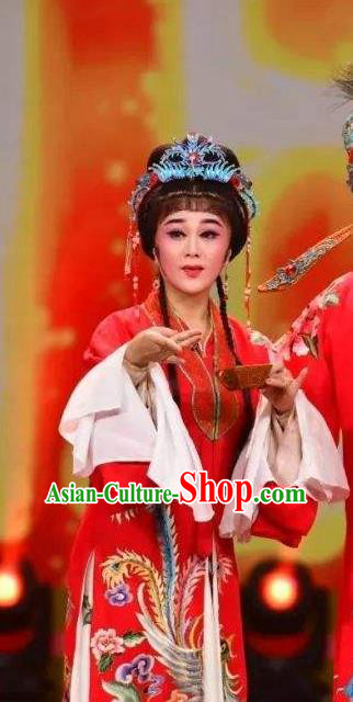 Chinese Shaoxing Opera Young Female Tang Meifen Red Dress Apparels Garment and Headdress The Number One Scholar Is Not Love Yue Opera Hua Tan Wedding Costumes