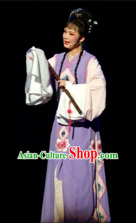 Chinese Shaoxing Opera Young Female Purple Dress and Headpieces The Number One Scholar Is Not Love Tang Meifen Garment Yue Opera Hua Tan Apparels Costumes