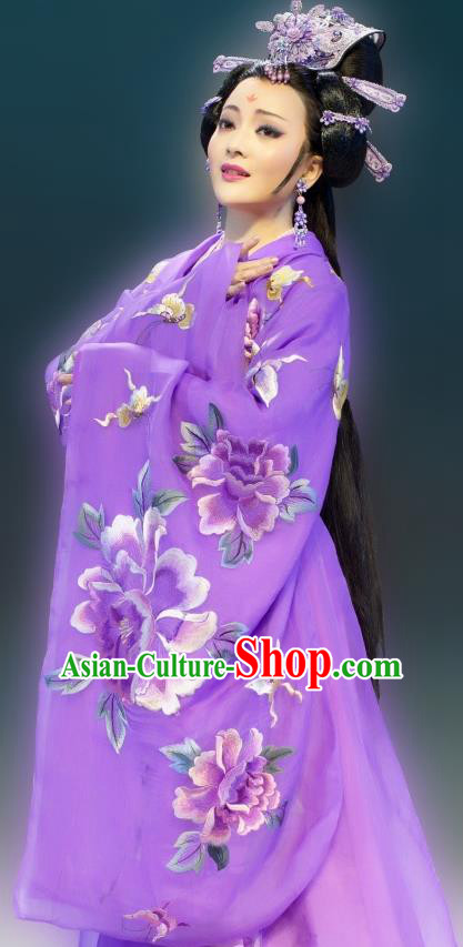 Chinese Shaoxing Opera Imperial Consort Purple Dress Garment Costumes and Headdress Butterfly Love Monk Yue Opera Hua Tan Xiang Ning Apparels