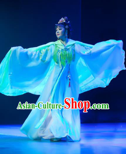 Chinese Shaoxing Opera Imperial Consort Xiang Ning Blue Dress Costumes and Headdress Butterfly Love Monk Yue Opera Hua Tan Garment Apparels