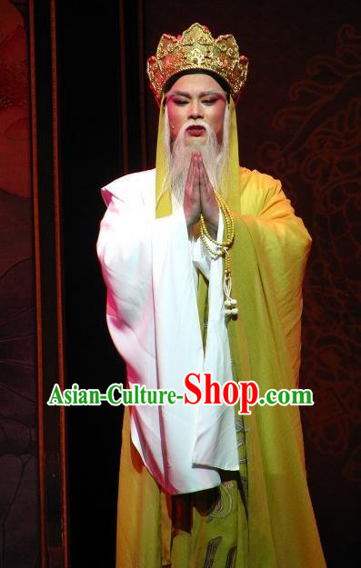 Chinese Yue Opera Elderly Male Garment Butterfly Love Monk Costumes and Headwear Shaoxing Opera Laosheng Old Buddhist Zhen Ru Apparels