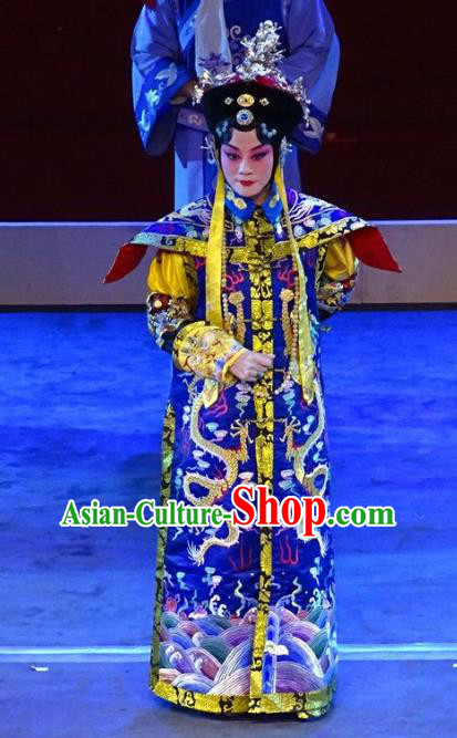 Chinese Beijing Opera Qing Dynasty Queen Mother Apparels Costumes and Headdress Nan Hai Zi Traditional Peking Opera Empress Dowager Xiaozhuang Dress Garment