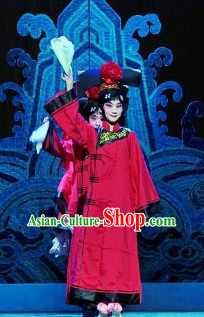 Chinese Beijing Opera Palace Lady Apparels Costumes and Headdress Nan Hai Zi Traditional Peking Opera Qing Dynasty Court Maid Red Dress Garment