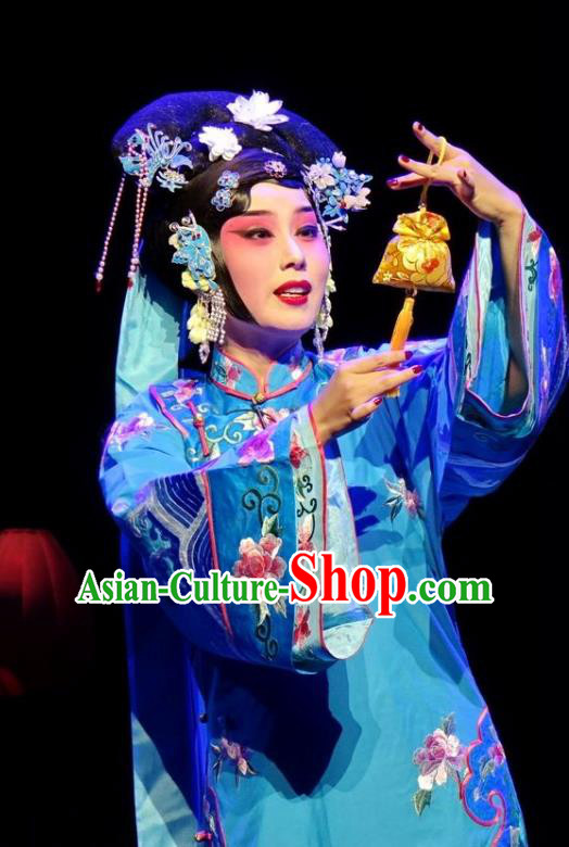 Chinese Beijing Opera Young Female Apparels Costumes and Headdress Nan Hai Zi Traditional Peking Opera Qing Dynasty Imperial Consort Blue Dress Garment