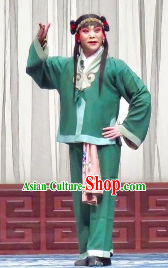 San Kan Yu Mei Chinese Ping Opera Wa Wa Sheng Costumes and Headwear Pingju Opera Livehand Green Apparels Clothing