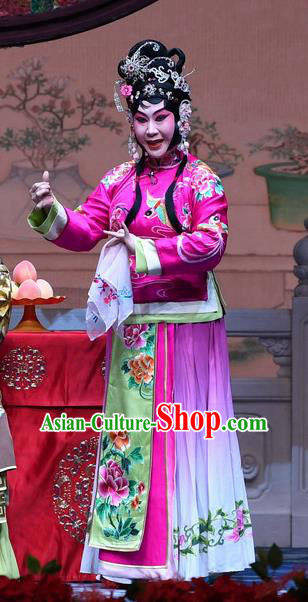 Chinese Beijing Opera Young Female Zhang Saizhu Apparels Costumes and Headdress Tell On Sargam Traditional Peking Opera Diva Rosy Dress Garment