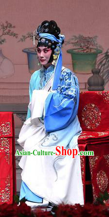 Chinese Beijing Opera Distress Maiden Zhang Shangzhu Apparels Costumes and Headdress Tell On Sargam Traditional Peking Opera Young Female Blue Dress Garment
