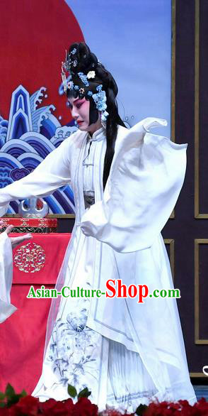 Chinese Beijing Opera Diva Apparels Costumes and Headdress Tell On Sargam Traditional Peking Opera Distress Maiden Zhang Shangzhu White Dress Young Female Garment