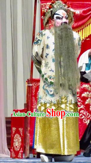 San Kan Yu Mei Chinese Ping Opera Elderly Male White Costumes and Headwear Pingju Opera Laosheng Emperor Apparels Clothing