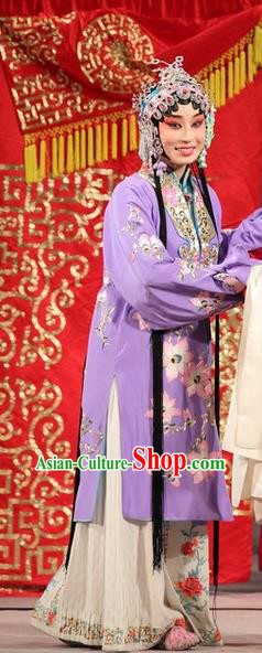 Chinese Beijing Opera Hua Tan Liu Yuyan Apparels Costumes and Headdress Tao Hua Cun Traditional Peking Opera Actress Diva Purple Dress Garment