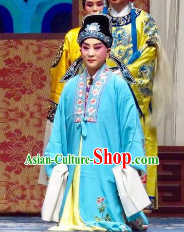 San Kan Yu Mei Chinese Ping Opera Niche Blue Costumes and Headwear Pingju Opera Young Male Apparels Scholar Feng Jiajin Clothing