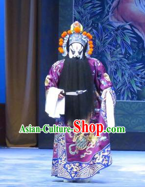 Zhou Ren Xian Sao Chinese Ping Opera Elderly Male Costumes and Headwear Pingju Opera Apparels Minister Yan Song Clothing Purple Embroidered Robe