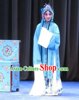 Chinese Ping Opera Hua Tan Blue Apparels Costumes and Headpieces Traditional Pingju Opera Zhou Ren Xian Sao Actress Dress Garment