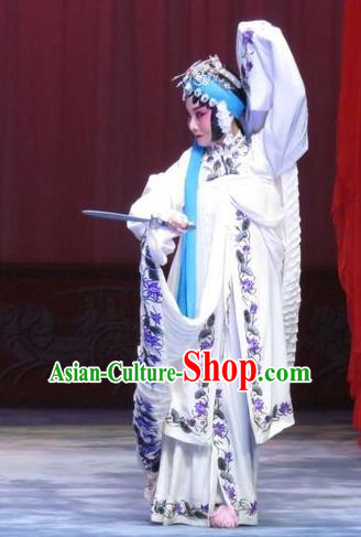 Chinese Ping Opera Diva White Apparels Costumes and Headdress Traditional Pingju Opera Zhou Ren Xian Sao Actress Distress Maiden Dress Garment