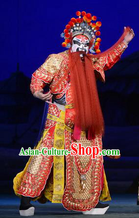 Di Qing Chinese Peking Opera Martial Male Red Garment Costumes and Headwear Beijing Opera Takefu Apparels General Armor Clothing