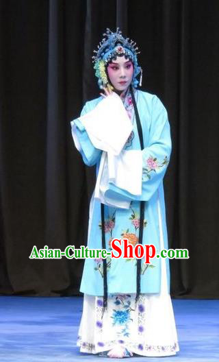 Chinese Ping Opera Hua Tan Apparels Costumes and Headdress Traditional Pingju Opera Zhou Ren Xian Sao Actress Diva Blue Dress Garment