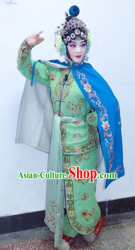 Chinese Ping Opera Wu Dan Green Apparels Costumes and Headpieces Traditional Pingju Opera San Kan Yu Mei Martial Woman Dress Garment