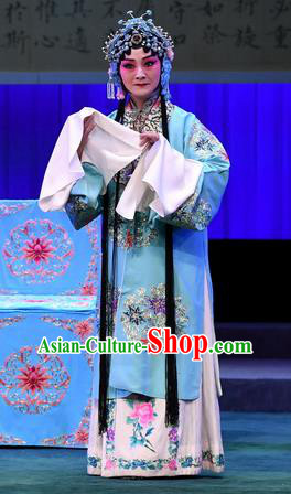 Chinese Beijing Opera Young Female Zhang Yuzhen Apparels Costumes and Headdress Love of Jade Hairpin Traditional Peking Opera Hua Tan Dress Actress Blue Garment