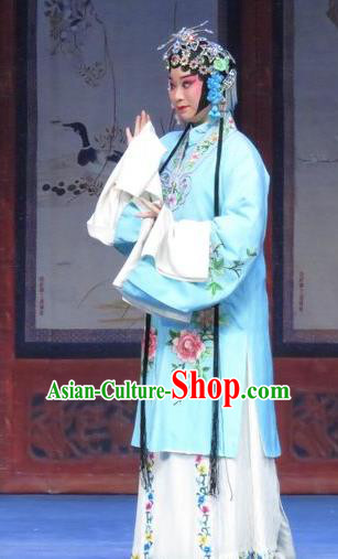 Chinese Ping Opera Actress Apparels Costumes and Headdress Traditional Pingju Opera Tao Li Mei Diva Yutao Blue Dress Garment