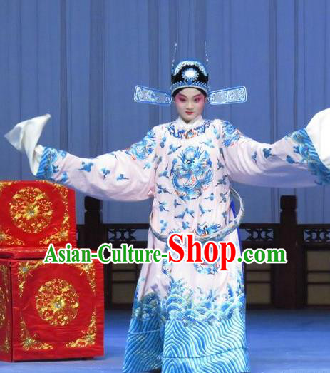 Tao Li Mei Chinese Ping Opera Scholar Zheng Shipeng Costumes and Hat Pingju Opera Xiaosheng Apparels Young Male Clothing