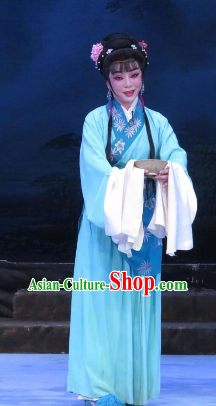 Chinese Ping Opera Young Female Li Hua Apparels Costumes and Headpieces Traditional Pingju Opera Pear Blossom Love Diva Blue Dress Garment