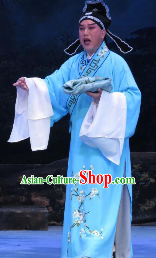Pear Blossom Love Chinese Ping Opera Xiaosheng Costumes and Hat Pingju Opera Merchant Qian Youliang Apparels Young Male Blue Clothing