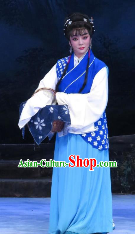 Chinese Ping Opera Young Female Li Hua Apparels Costumes and Headpieces Traditional Pingju Opera Pear Blossom Love Country Lady Blue Dress Garment