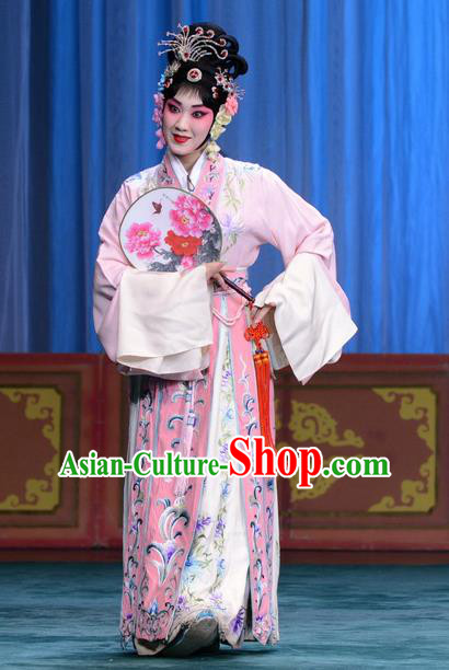 Chinese Beijing Opera Hua Tan Apparels Costumes and Headdress Xie Yaohuan Traditional Peking Opera Actress Pink Dress Young Woman Garment