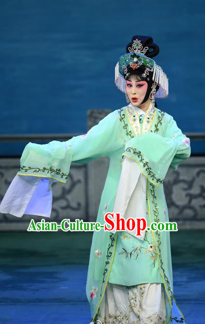 Chinese Beijing Opera Hua Tan Apparels Costumes and Headdress Xie Yaohuan Traditional Peking Opera Actress Green Dress Garment