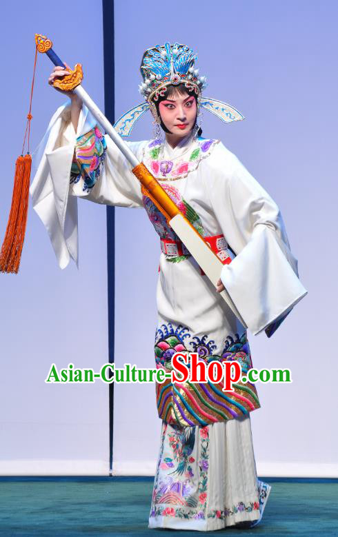 Chinese Beijing Opera Diva Apparels Costumes and Headdress Xie Yaohuan Traditional Peking Opera Female Official White Dress Actress Garment