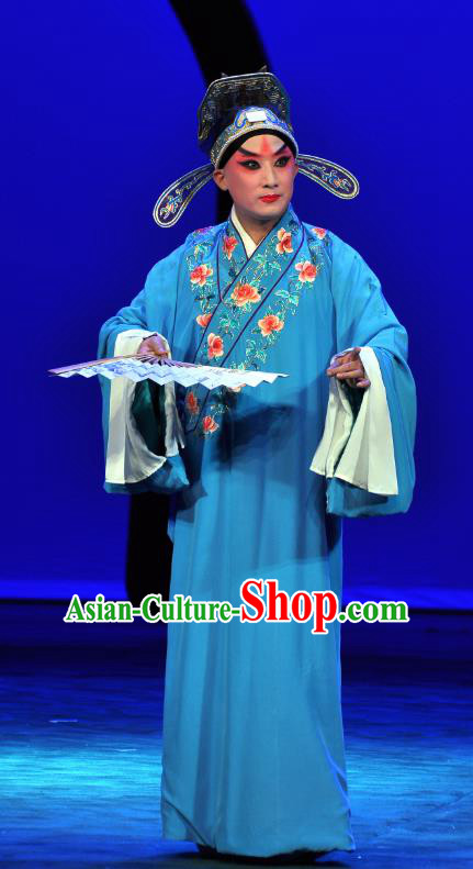 Xie Yaohuan Chinese Peking Opera Young Man Garment Costumes and Headwear Beijing Opera Scholar Apparels Clothing Niche Blue Robe
