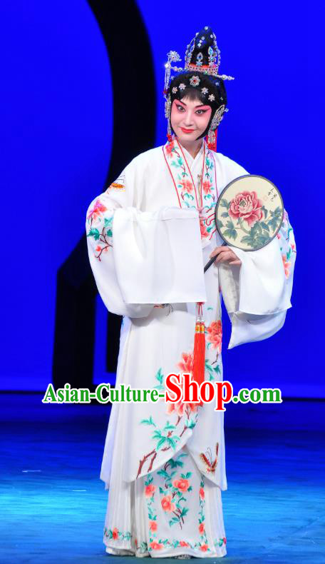 Chinese Beijing Opera Young Female Apparels Costumes and Headdress Xie Yaohuan Traditional Peking Opera Hua Tan White Dress Diva Garment