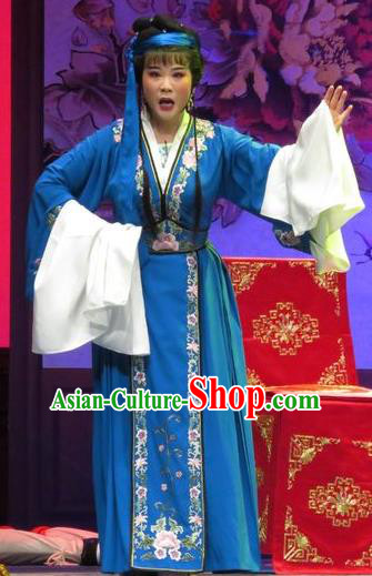 Chinese Ping Opera Tsing Yi Zhang Shangzhu Apparels Costumes and Headpieces Tell on Sargam Traditional Pingju Opera Distress Maiden Blue Dress Garment