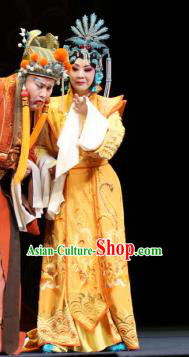 Chinese Ping Opera Noble Queen Apparels Costumes and Headpieces Da Song Zhong Yi Zhuan Traditional Pingju Opera Empress Yellow Dress Garment