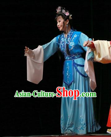 Chinese Ping Opera Palace Lady Kou Zhu Apparels Costumes and Headpieces Traditional Pingju Opera Palm Civet for Prince Diva Blue Dress Garment