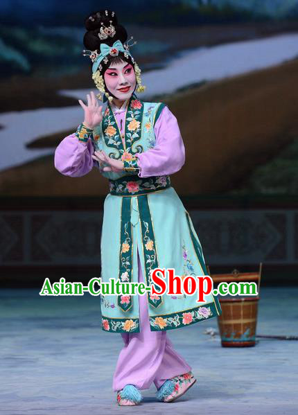 Chinese Beijing Opera Young Female Apparels Costumes and Headdress San Da Tao Sanchun Traditional Peking Opera Martial Woman Dress Garment