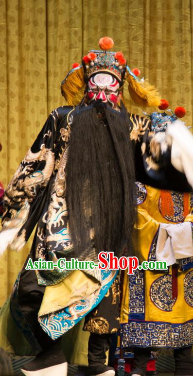 San Da Tao Sanchun Chinese Peking Opera Elderly Male Garment Costumes and Headwear Beijing Opera Laosheng Apparels Emperor Zhao Kuangyin Embroidered Robe Clothing