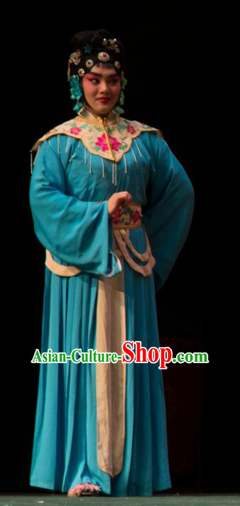 Chinese Beijing Opera Servant Girl Apparels Costumes and Headdress San Da Tao Sanchun Traditional Peking Opera Xiaodan Blue Dress Young Lady Garment