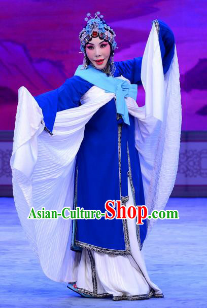 Chinese Beijing Opera Tsing Yi Apparels Actress Costumes and Headdress Han Yuniang Traditional Peking Opera Distress Maiden Blue Dress Actress Garment