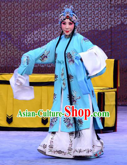 Chinese Beijing Opera Hua Tan Apparels Actress Costumes and Headdress Han Yuniang Traditional Peking Opera Blue Dress Diva Garment