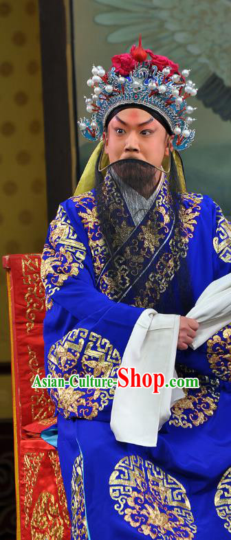 Nine Dragons Cup Chinese Peking Opera Old Man Garment Costumes and Headwear Beijing Opera Laosheng Apparels Elderly Male Blue Clothing